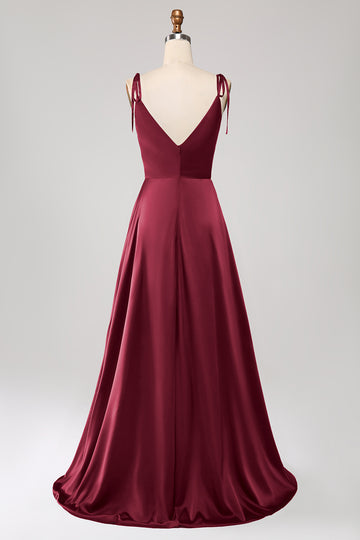 Simple Burgundy Spaghetti Straps Ruched Ball Dress with Slit